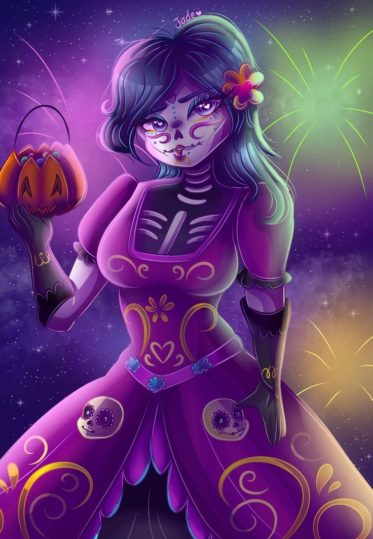 1girl artist_request black_hair blush breasts calavera catalina_(catalina_la_catrina) catalina_la_catrina colored_skin dia_de_muertos dress facial_mark flower forehead_mark hair_flower hair_ornament halloween_bucket la_catrina looking_at_viewer makeup medium_breasts mexico non-web_source ponytail purple_dress purple_eyes purple_skin solo tagme