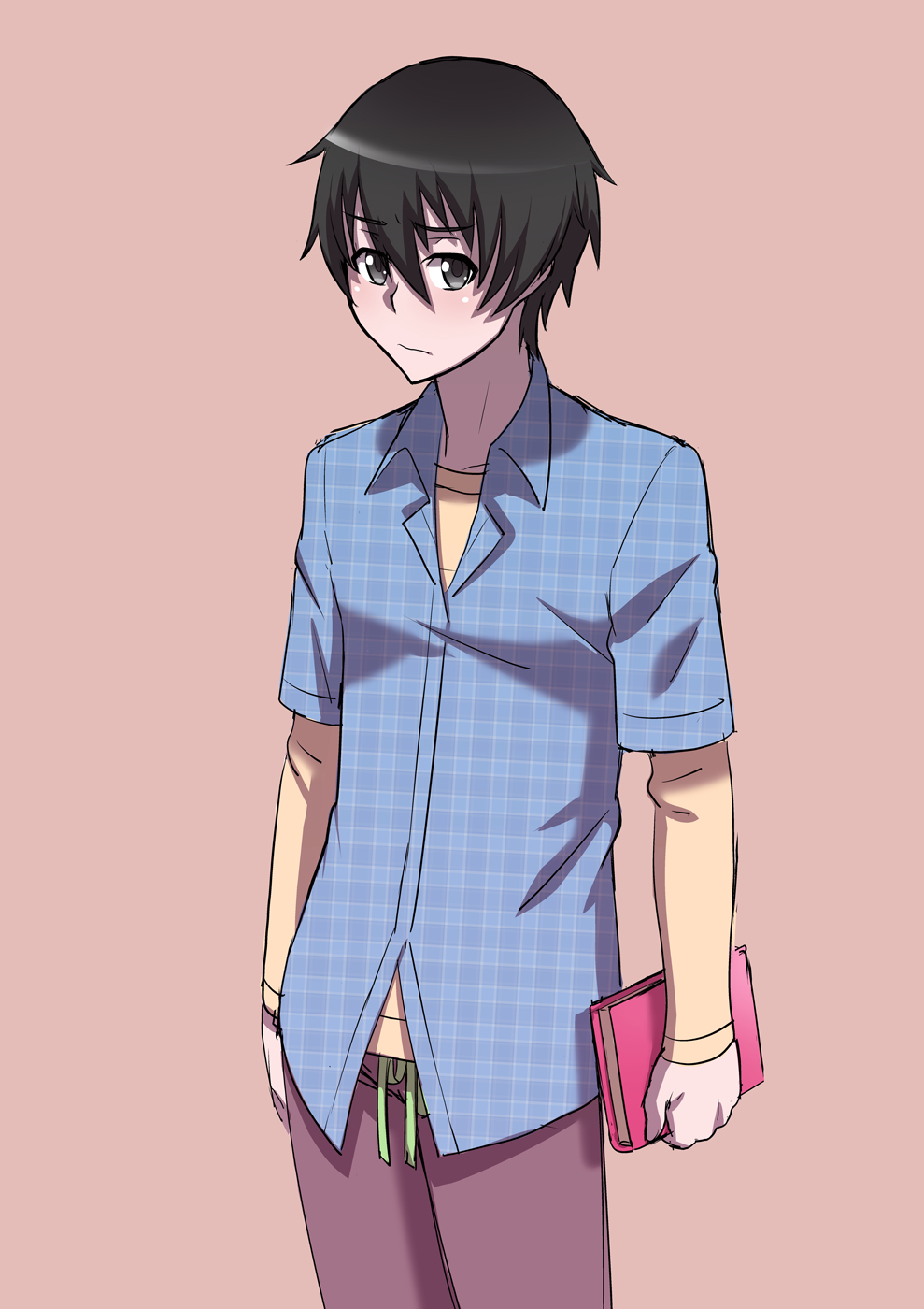 1boy black_eyes black_hair book highres kjech long_shirt male_focus pants shirt solo taro_yamada unmoving_pattern yandere_simulator