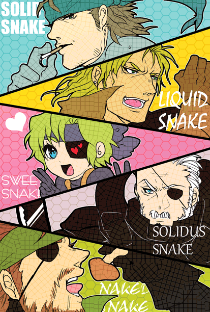 beard blonde_hair blue_headband brown_hair character_name cigarette eating eyepatch facial_hair genderswap genderswap_(mtf) gloves green_headband headband holding holding_cigarette looking_at_viewer looking_to_the_side metal_gear_(series) metal_gear_solid metal_gear_solid_2:_sons_of_liberty metal_gear_solid_3:_snake_eater mushroom mustache naked_snake old old_man old_snake parody solid_snake solidus_snake sweet_snake torihuhu unlit_cigarette_in_mouth
