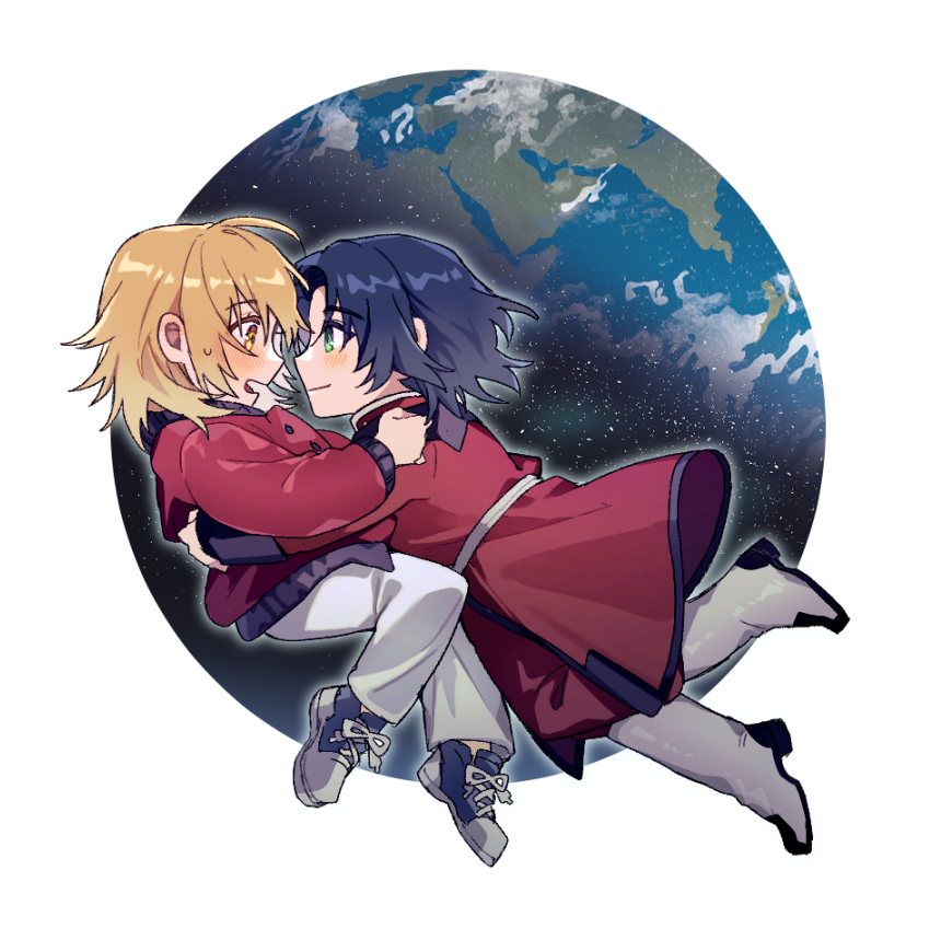 1boy 1girl athrun_zala blonde_hair blue_hair blush boots cagalli_yula_athha chibi chibi_only couple earth_(planet) floating green_eyes gundam gundam_seed gundam_seed_destiny gundam_seed_freedom hetero hug jacket kkomcce looking_at_another military military_uniform pants planet red_jacket red_uniform shoes short_hair sneakers sweatdrop white_background yellow_eyes zaft_uniform