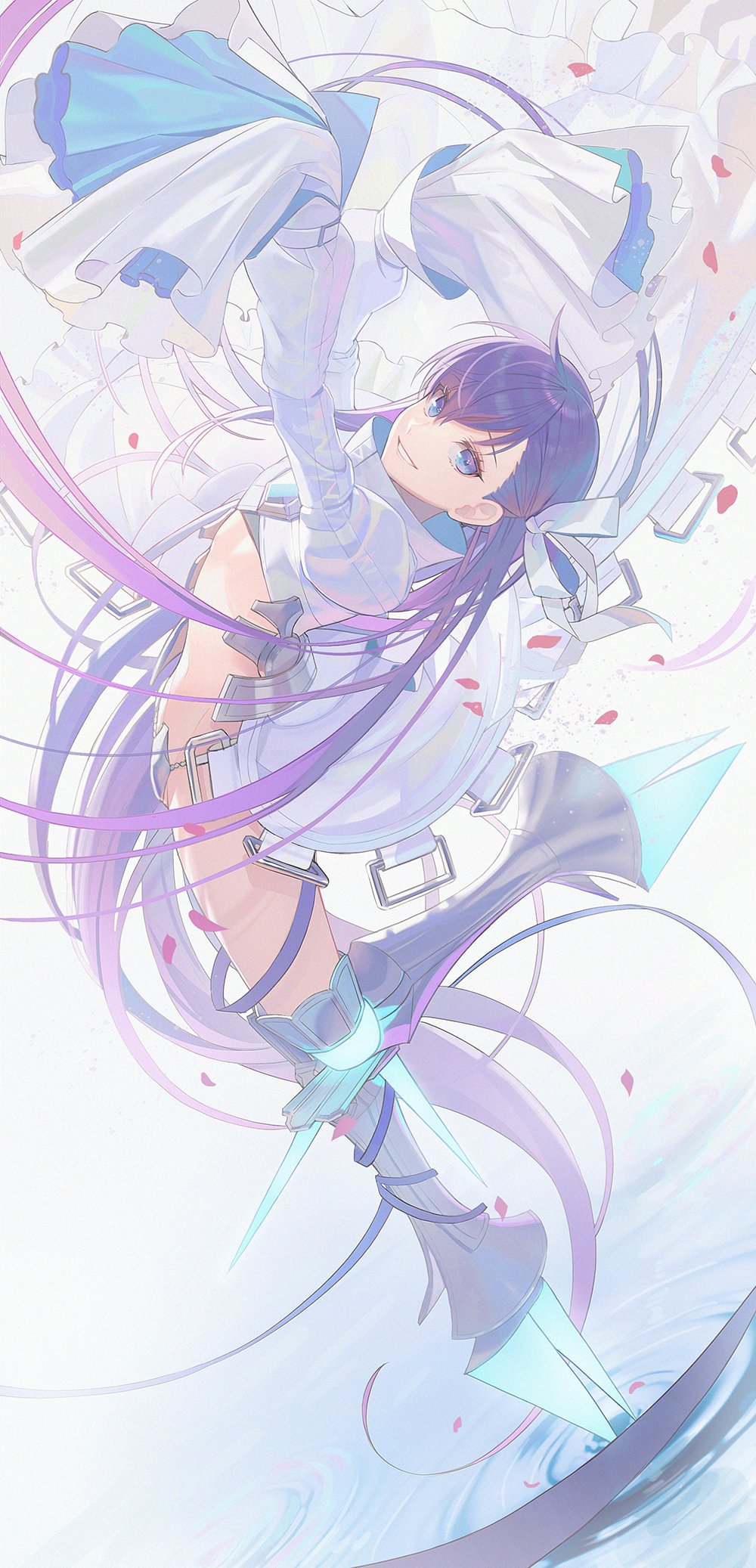 1girl blue_eyes coat fate/extra fate/extra_ccc fate/grand_order fate_(series) hair_ribbon highres honnou_(kjs9504) leg_up long_hair long_sleeves meltryllis_(fate) meltryllis_(third_ascension)_(fate) on_water prosthesis prosthetic_leg purple_hair ribbon ripples sleeves_past_fingers sleeves_past_wrists smile very_long_hair white_coat