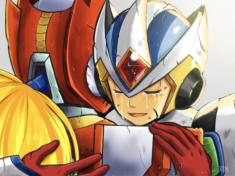 2boys android armor artist_logo back battle_damage blonde_hair blush closed_eyes crying damaged forehead_jewel from_behind gloves glowing helmet hug jewelry logo long_hair mega_man_(series) mega_man_x2 mega_man_x_(series) multiple_boys open_mouth ponytail red_armor red_gloves red_helmet robot robot_ears second_armor_x_(mega_man) shoulder_armor simple_background smile very_long_hair white_armor white_background white_helmet x_(mega_man) zero_(mega_man) zin_(hamizu)