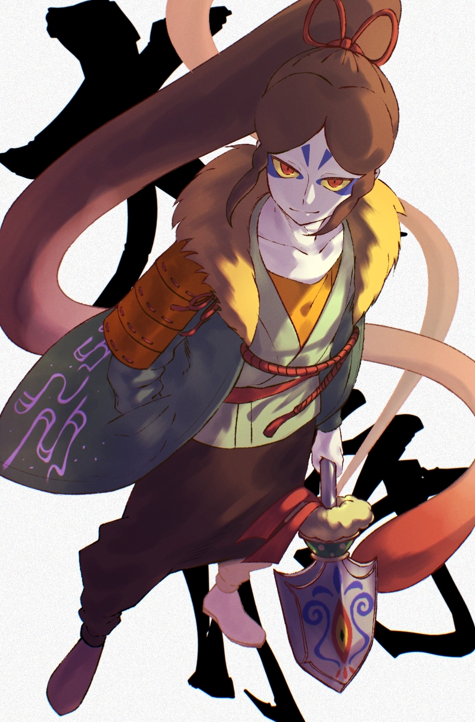 1boy armor black_hair character_name colored_sclera colored_skin colored_tips facial_mark forehead_mark fur_trim gradient_hair green_jacket hand_in_pocket high_ponytail highres holding jacket jagaimobeniko japanese_clothes long_hair looking_at_viewer male_focus multicolored_hair obi oogama_(youkai_watch) pale_skin ponytail red_eyes red_hair red_sash sash shoulder_armor smile solo two-tone_hair very_long_hair white_skin yellow_sclera youkai_(youkai_watch) youkai_watch youkai_watch_2 youkai_watch_shadowside