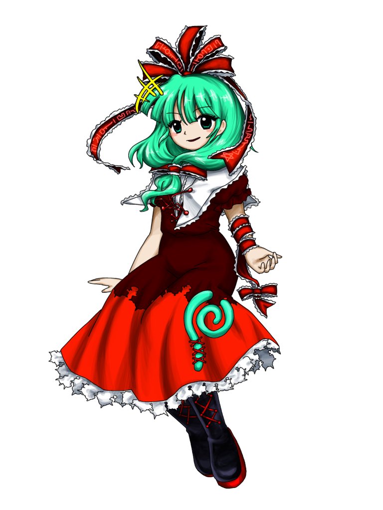 1girl arm_ribbon boots bow dress frilled_dress frills front_ponytail full_body green_eyes green_hair hair_bow hair_ribbon kagiyama_hina looking_at_viewer red_bow red_dress red_ribbon ribbon shinkaineko115 simple_background smile solo touhou white_background zun_(style)