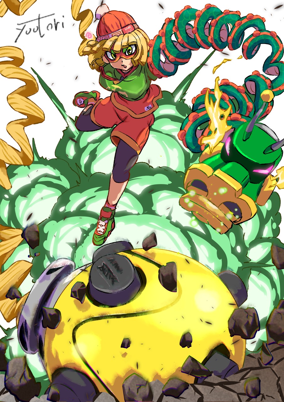 1girl arms_(game) beanie blonde_hair chest_guard debris domino_mask dragon_(arms) explosion eye_mask green_eyes green_shoes hat highres leggings_under_shorts mask megawatt_(arms) min_min_(arms) orange_shirt orange_shorts shirt shoes short_hair shorts signature sneakers solo you_bird
