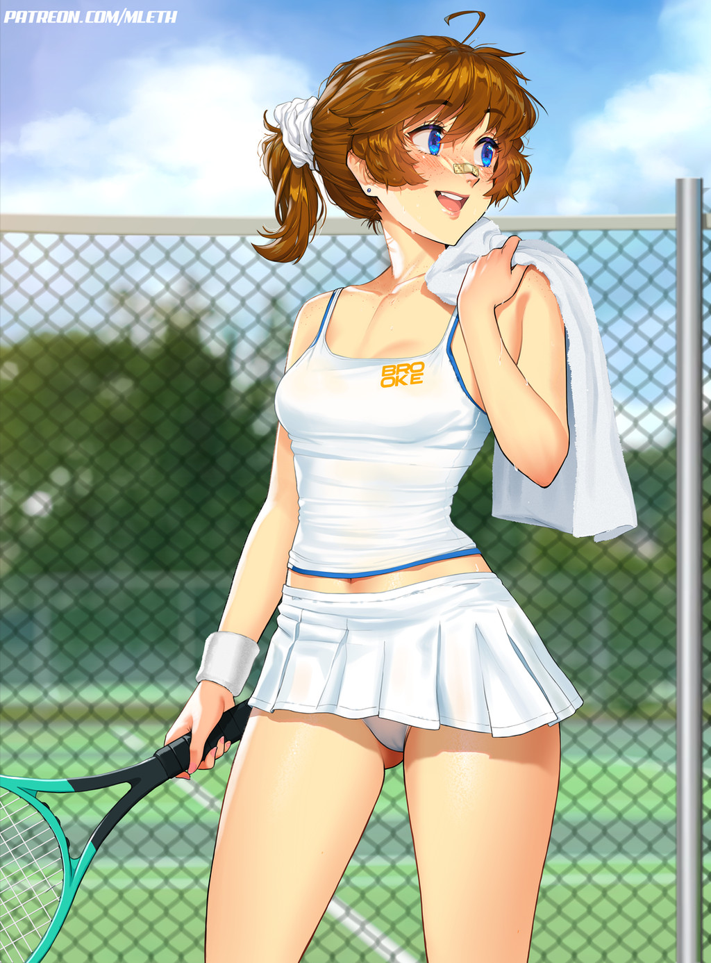 :d ahoge bandaid bandaid_on_face bandaid_on_nose blue_eyes blue_sky breasts brooke_(mleth) brown_hair cameltoe chain-link_fence cloud cloudy_sky collarbone commentary earrings english_commentary fence freckles gluteal_fold hand_up highres holding holding_tennis_racket holding_towel jewelry looking_to_the_side microskirt midriff mleth navel open_mouth original outdoors panties patreon_username pleated_skirt ponytail racket scrunchie short_hair sidelocks skirt sky small_breasts smile sportswear sweat tank_top teeth tennis_court tennis_racket tennis_uniform towel underwear upper_teeth_only white_panties white_scrunchie white_skirt white_tank_top wristband