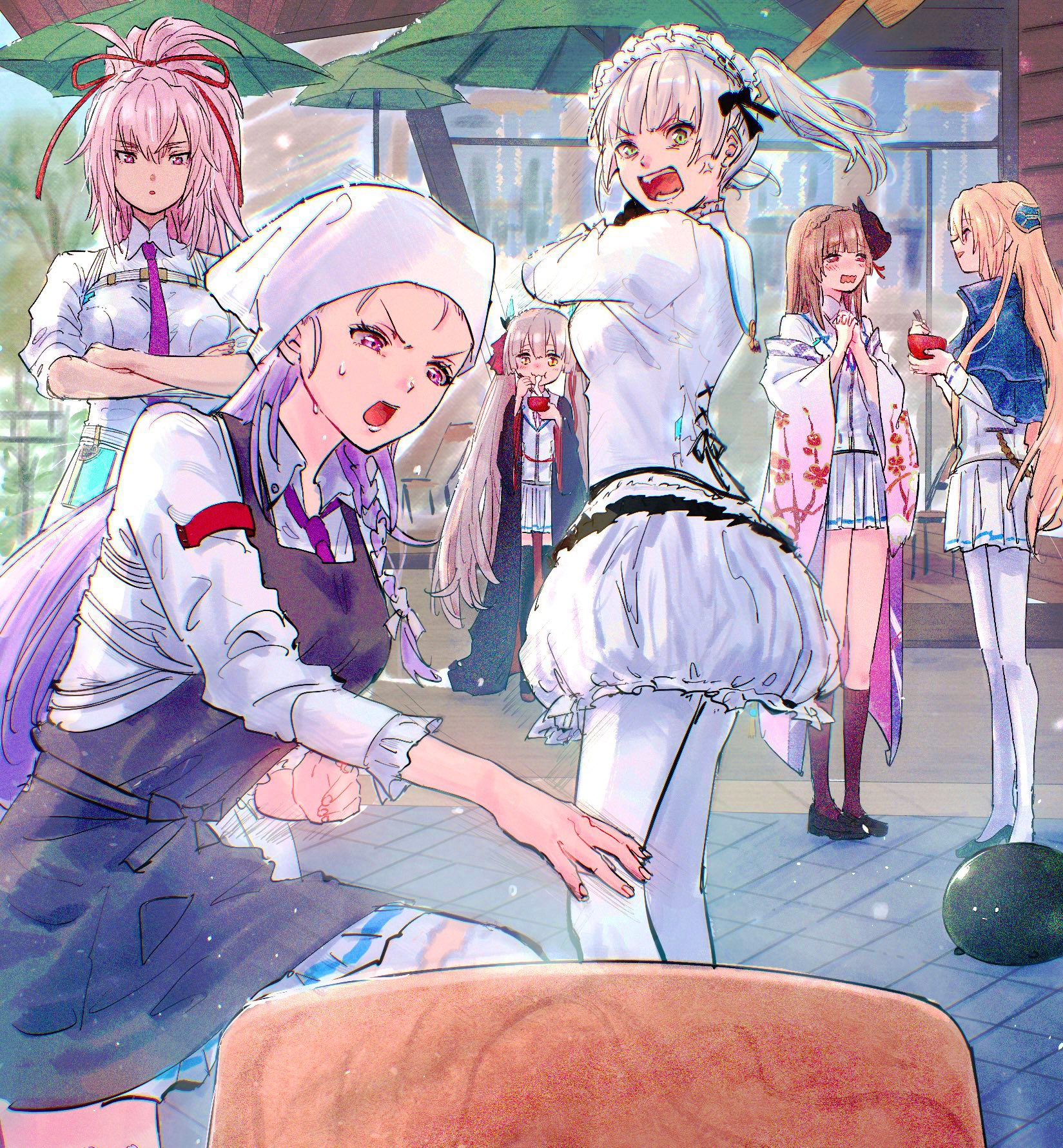 6+girls black_robe blonde_hair blunt_bangs braid breasts brown_hair capelet chest_harness crown_braid dark_skin fox_mask frills green_eyes hair_ornament hairband harness headscarf heaven_burns_red highres horns kine kiryuu_miya kulfiq kura_satomi large_breasts long_hair mallet mask mochitsuki mole mole_under_eye mortar_(bowl) multiple_girls narvy_(heaven_burns_red) necktie ogasawara_hisame outdoors pink_hair ponytail red_eyes red_ribbon ribbon robe shirakawa_yuina shirt sidelocks skirt sugawara_chie tsukishiro_monaka twintails white_hair white_shirt wide_sleeves yellow_eyes