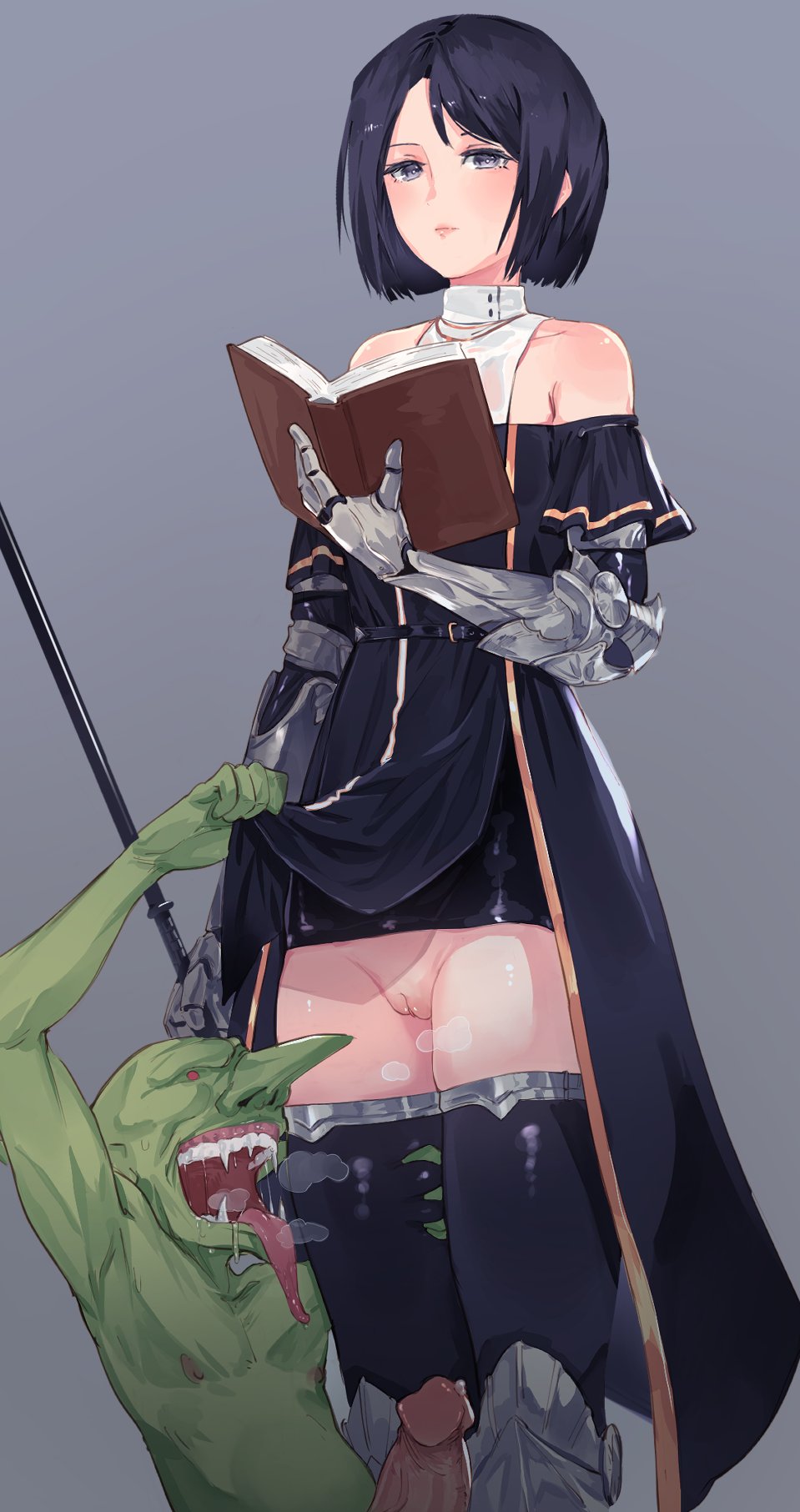1boy 1girl arm_armor bare_shoulders black_hair black_robe bob_cut book cleft_of_venus closed_mouth goblin goblin_male grey_eyes heavy_breathing highres holding holding_book huge_penis mocomori off_shoulder open_book original penis precum pussy robe robe_lift short_hair thighhighs tongue tongue_out uncensored