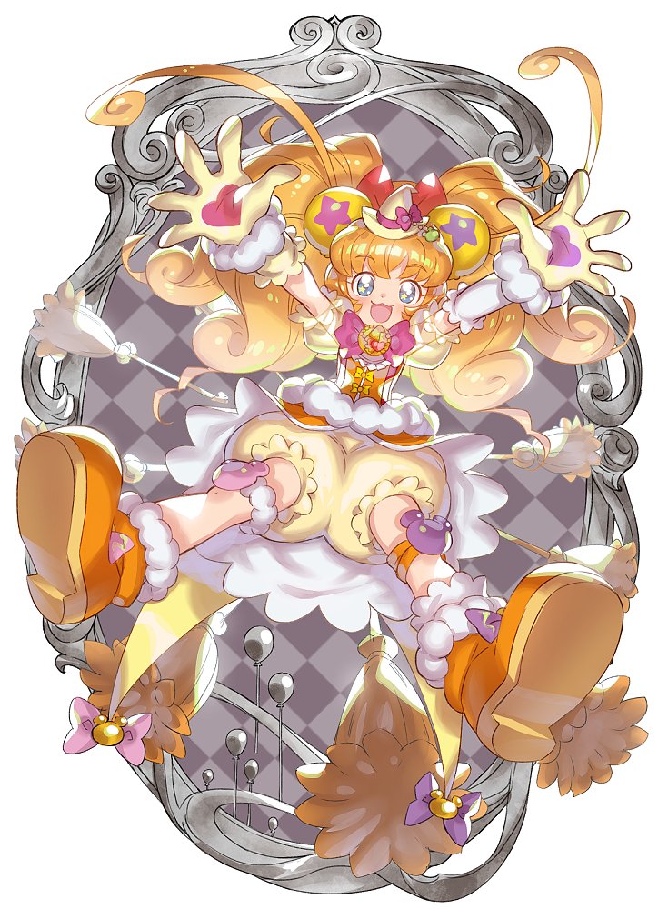 1girl arms_up balloon blue_eyes broom cure_mofurun curly_hair gloves hands_up hat heart mahou_girls_precure! mini_hat mirror murakami_hisashi orange_hair pink_ribbon precure ribbon see-through_clothes see-through_sleeves shorts smile witch_hat yellow_gloves yellow_shorts