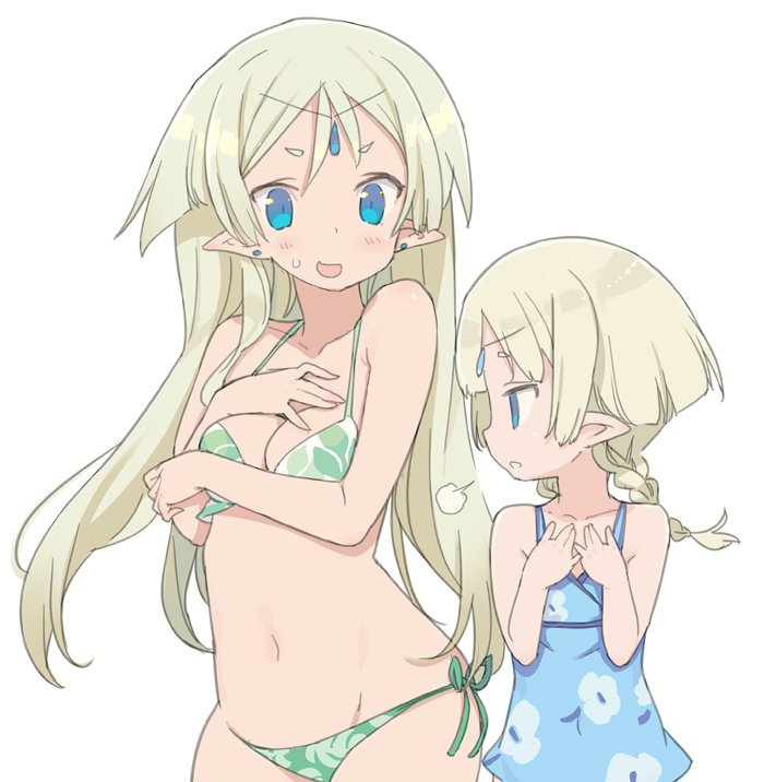 2girls bikini blade_(galaxist) blonde_hair blue_eyes blush braid breast_envy breasts casual_one-piece_swimsuit circlet cleavage earrings elf flat_chest jewelry juno_bernal kris_bernal long_hair multiple_girls navel official_art one-piece_swimsuit pointy_ears pop-up_story siblings side-tie_bikini_bottom sisters sweatdrop swimsuit twin_braids white_background