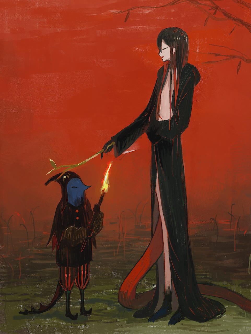 1girl 1other black_gloves black_robe closed_eyes esloena fire flat_chest gloves highres holding holding_stick long_hair monster_girl open_mouth original red_hair red_sky red_tail robe shadow sky stick tall_female