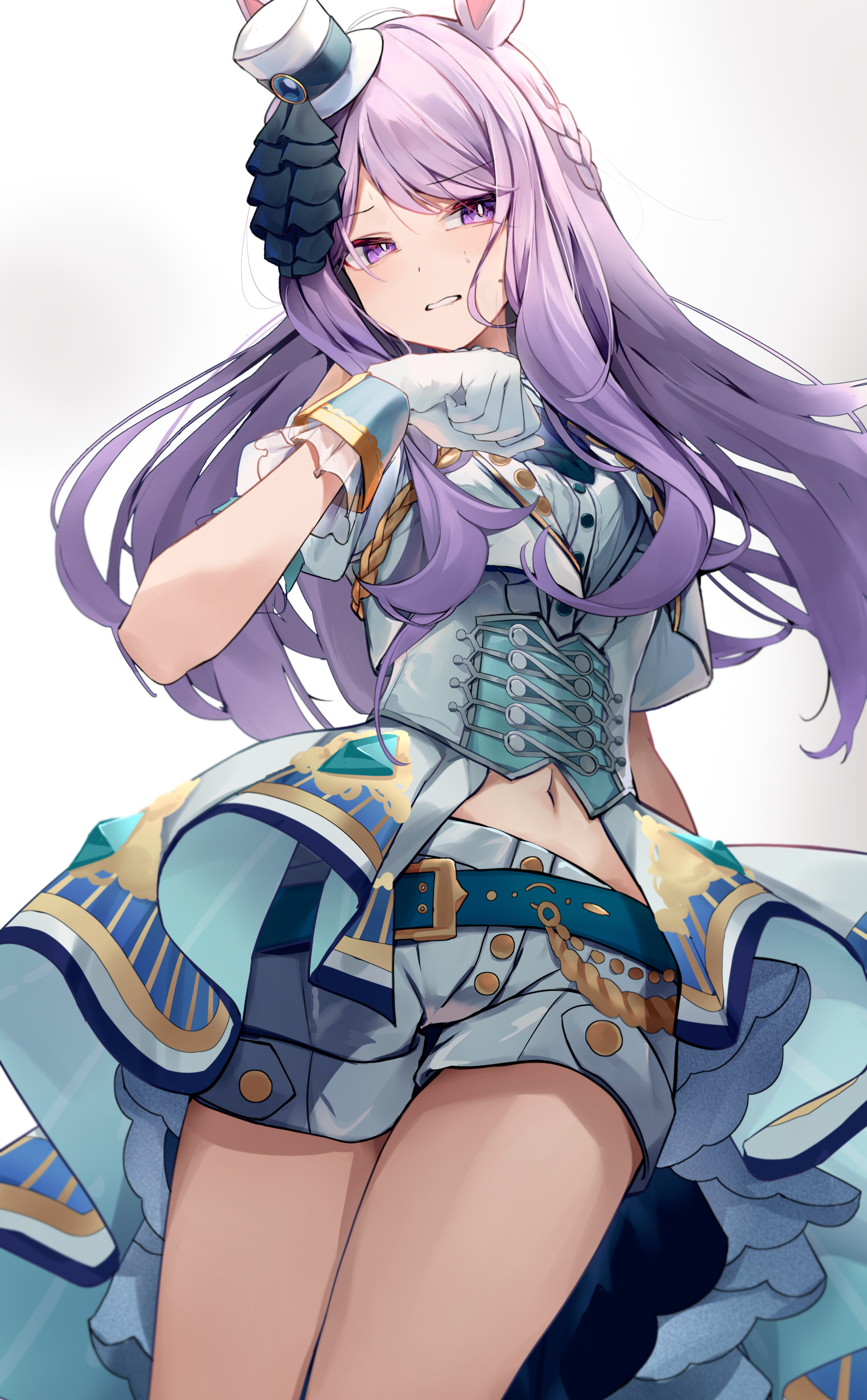 1girl absurdres animal_ears belt blue_belt braid corset gloves gradient_background grey_background hat highres horse_ears horse_girl long_hair looking_at_viewer mejiro_mcqueen_(end_of_sky)_(umamusume) mejiro_mcqueen_(umamusume) mini_hat mini_top_hat navel official_alternate_costume purple_hair shorts simple_background solo thighs top_hat umamusume white_gloves white_hat white_shorts yamada_auto