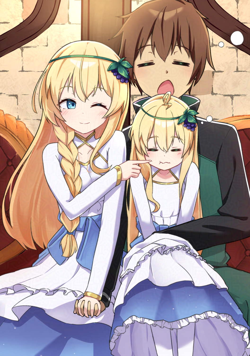 1boy 2girls :t ;) adversarial_noise blonde_hair blue_eyes blue_skirt blush braid breasts brick_wall brown_hair cheek_poking closed_eyes closed_mouth collarbone commentary_request dress father_and_daughter frilled_skirt frills green_jacket green_pants hair_between_eyes highres if_they_mated iris_(konosuba) jacket kono_subarashii_sekai_ni_shukufuku_wo! long_hair mother_and_daughter multiple_girls nenosame one_eye_closed open_mouth pants pantyhose poking satou_kazuma single_braid sitting sitting_on_lap sitting_on_person skirt small_breasts smile track_jacket track_pants track_suit very_long_hair wavy_mouth white_dress white_pantyhose