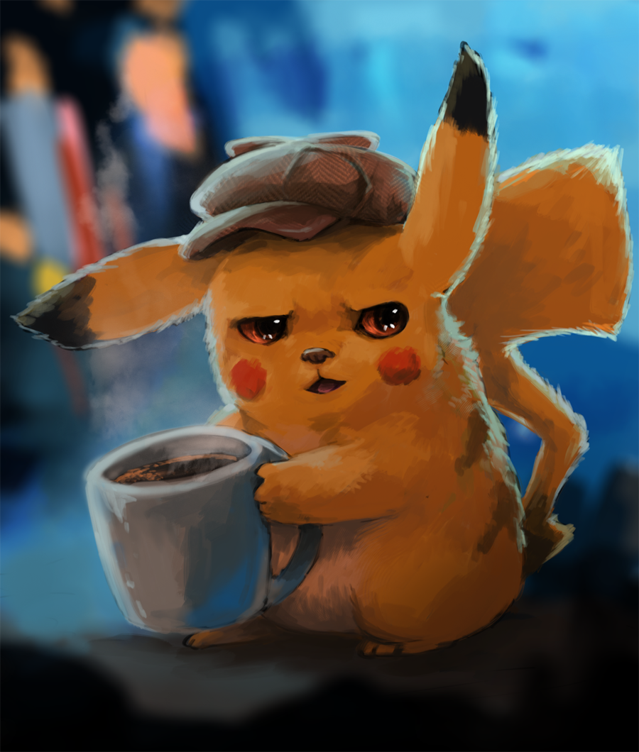 blush_stickers brown_eyes clothed_pokemon commentary creature cup detective_pikachu_(character) detective_pikachu_(movie) detective_pikachu_(series) english_commentary foxeaf full_body gen_1_pokemon hat holding holding_cup mug nintendo no_humans open_mouth pikachu pokemon pokemon_(creature) realistic solo