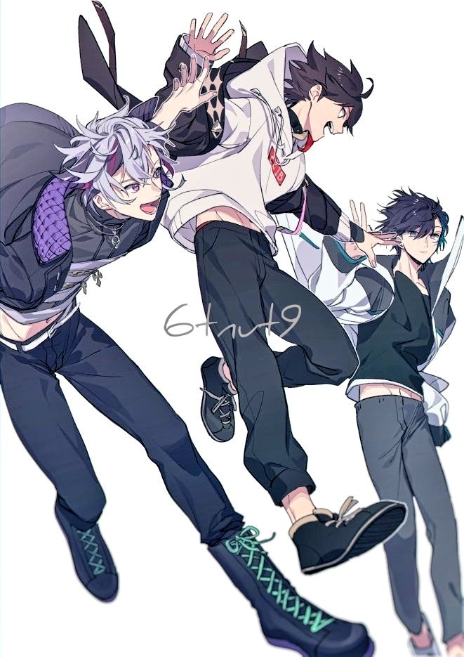 3boys 6tnut9 :d aqua_hair artist_name belt belt_buckle black_boots black_collar black_jacket black_pants black_shoes boots brown_hair buckle closed_mouth collar commentary_request crossed_bangs drawstring fuwa_minato fuwa_minato_(1st_costume) gradient_hair grey_eyes grey_hair grey_pants grey_shirt hair_between_eyes hand_up hood hood_down hoodie jacket jacket_over_hoodie jewelry lace-up_boots long_sleeves looking_at_another looking_to_the_side lower_teeth_only majors_(nijisanji) male_focus mayuzumi_kai mayuzumi_kai_(1st_costume) multicolored_hair multicolored_jacket multiple_boys necklace nijisanji off_shoulder open_clothes open_jacket open_mouth pants pink_hair purple_eyes purple_hair saegusa_akina saegusa_akina_(1st_costume) shirt shoes short_hair simple_background sleeves_past_wrists smile streaked_hair teeth two-tone_jacket upper_teeth_only virtual_youtuber white_background white_belt white_hoodie white_jacket white_shirt