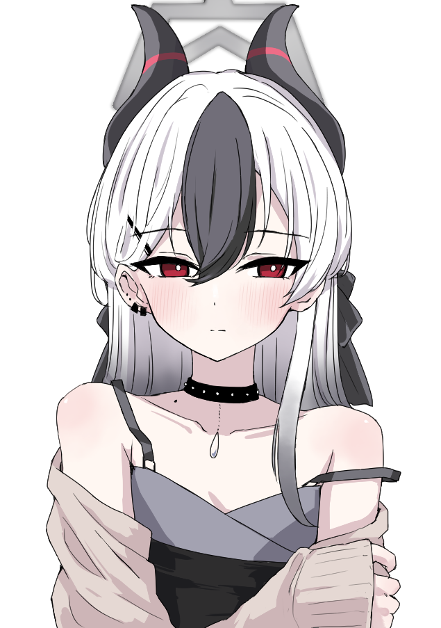 1girl black_choker black_dress black_hair black_horns blue_archive blush brown_jacket choker closed_mouth collarbone commentary_request demon_horns dress ear_piercing hair_between_eyes halo holding_own_arm horns jacket kayoko_(blue_archive) kayoko_(dress)_(blue_archive) long_hair long_sleeves looking_at_viewer mole mole_on_neck multicolored_hair official_alternate_costume official_alternate_hairstyle piercing pueichigo red_eyes simple_background sleeves_past_wrists solo two-tone_hair white_background white_hair