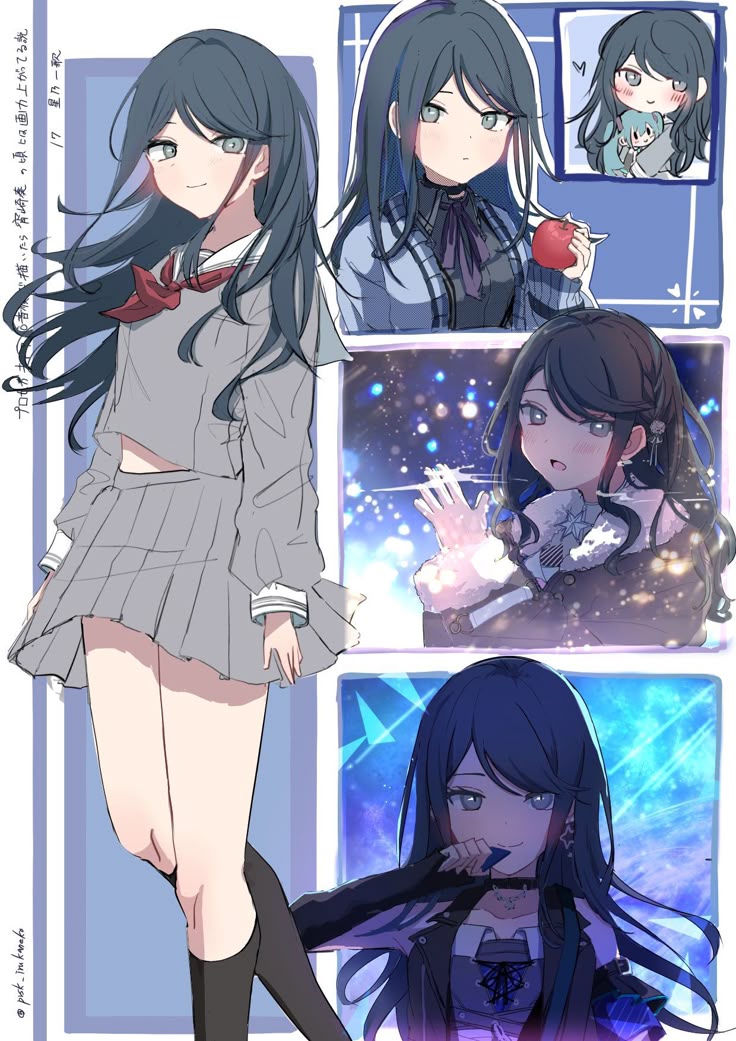 1girl apple black_coat black_hair black_shirt black_socks blue_eyes blue_jacket braid breath character_doll coat collarbone earrings food fruit full_body fur-trimmed_coat fur_trim grey_serafuku grey_skirt hatsune_miku heavy_lens_flare holding holding_food holding_fruit holding_plectrum hoshino_ichika_(project_sekai) hugging_doll hugging_object irukaneko jacket jewelry lens_flare long_sleeves looking_at_viewer majiwaru_senritsu_tomoru_nukumori_(project_sekai) midriff_peek miyamasuzaka_girls&#039;_academy_school_uniform multiple_views neck_ribbon neckerchief necklace no_seek_no_find_(project_sekai) official_alternate_costume official_alternate_hairstyle open_clothes open_jacket plectrum portrait project_sekai purple_ribbon red_neckerchief ribbon school_uniform serafuku shirt skirt sleeves_past_wrists snow socks standing star_(symbol) star_earrings star_necklace swept_bangs third-party_source translation_request twitter_username vocaloid