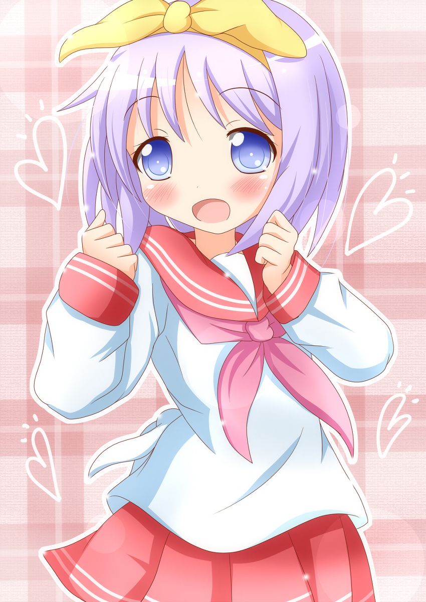 1girl blush dot_nose feet_out_of_frame female_focus hair_ribbon heart highres hiiragi_tsukasa long_sleeves looking_at_viewer lucky_star open_mouth purple_hair red_sailor_collar red_shirt ribbon sailor_collar school_uniform serafuku shirt short_hair skirt solo standing white_shirt winter_uniform xenon_(for_achieve)