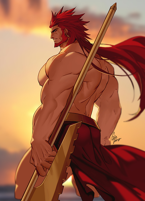 1boy artist_name axe bara beard biceps blurry blurry_background clothes_lift cloud cloudy_sky ear_piercing earrings facial_hair gomtang jewelry large_pectorals long_hair looking_to_the_side male_focus manly mature_male muscular muscular_arms muscular_male original outdoors pectorals piercing red_eyes red_hair signature skirt skirt_lift sky solo spiked_hair stud_earrings sunset topless_male weapon