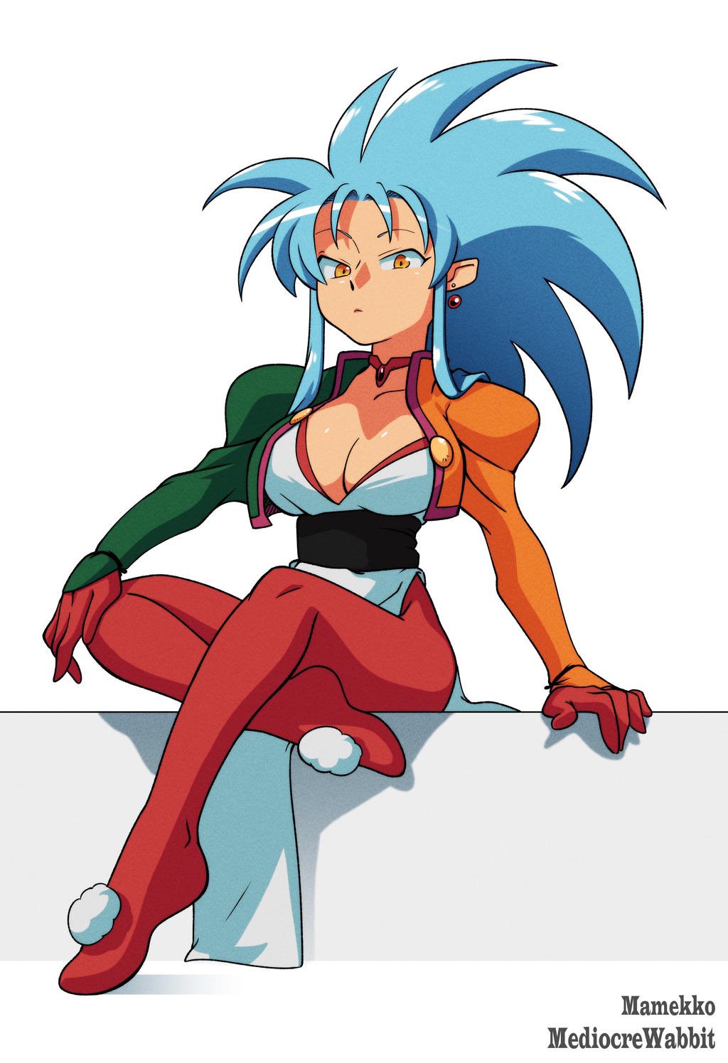 1990s_(style) 1girl arm_support artist_name blue_hair breasts closed_mouth commentary_request crossed_legs earrings expressionless full_body gazzycakes hand_on_own_knee highres jewelry long_hair looking_at_viewer medium_breasts meyama_mamezou pointy_ears retro_artstyle ryouko_(tenchi_muyou!) shrug_(clothing) sitting solo spiked_hair tenchi_muyou! white_background yellow_eyes