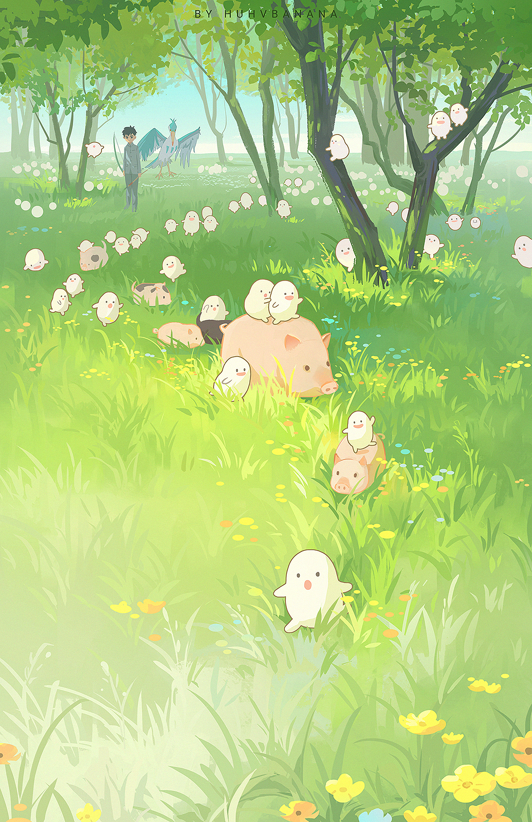 1boy animal aosagi_(kimitachi_wa_dou_ikiru_ka) artist_name bird black_hair bow_(weapon) day flower grey_pants grey_shirt heron highres holding holding_bow_(weapon) holding_weapon huhv. kimitachi_wa_dou_ikiru_ka maki_mahito male_focus outdoors pants pig shirt short_hair standing tree warawara_(miyazaki) weapon yellow_flower