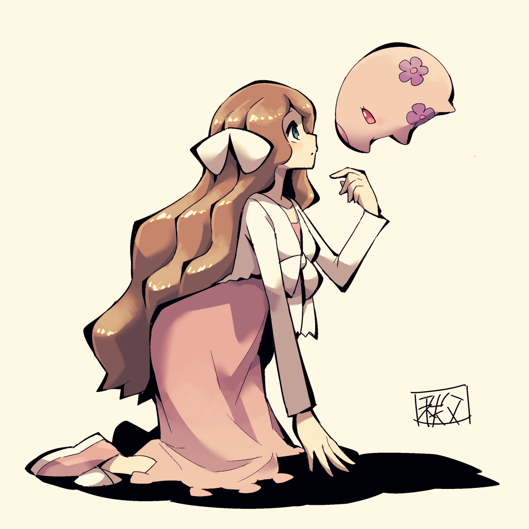 1girl all_fours bad_id bad_tumblr_id beige_background blue_eyes blush bow breasts brown_hair caitlin_(pokemon) chichibu_(watson) collarbone dress eye_contact female_focus floating floral_print from_side frontier_brain full_body gen_5_pokemon hair_ornament leaning_forward long_hair long_sleeves looking_at_another munna nintendo pink_dress pink_eyes pink_shoes pokemon pokemon_(creature) pokemon_dppt pokemon_platinum shoes simple_background small_breasts text_focus translation_request white_bow