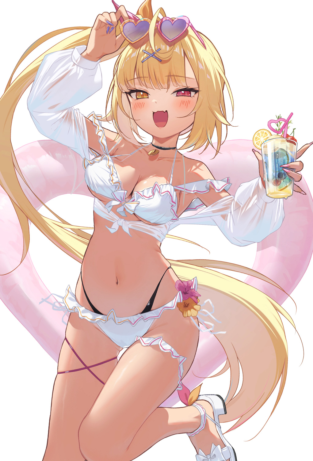 1girl arm_up bare_shoulders bikini black_choker blonde_hair breasts choker cleavage cup equal_(heartstrings) eyewear_on_head frilled_bikini frills front-tie_top hair_ornament hair_ribbon heart heart-shaped_eyewear heart-shaped_innertube heterochromia highleg highleg_bikini highres holding holding_cup hoshikawa_sara innertube layered_bikini leg_up long_hair long_sleeves looking_at_viewer medium_breasts navel nijisanji off_shoulder red_eyes ribbon sandals shirt side_ponytail solo stomach sunglasses swim_ring swimsuit thighs very_long_hair virtual_youtuber white_bikini white_shirt x_hair_ornament yellow_eyes