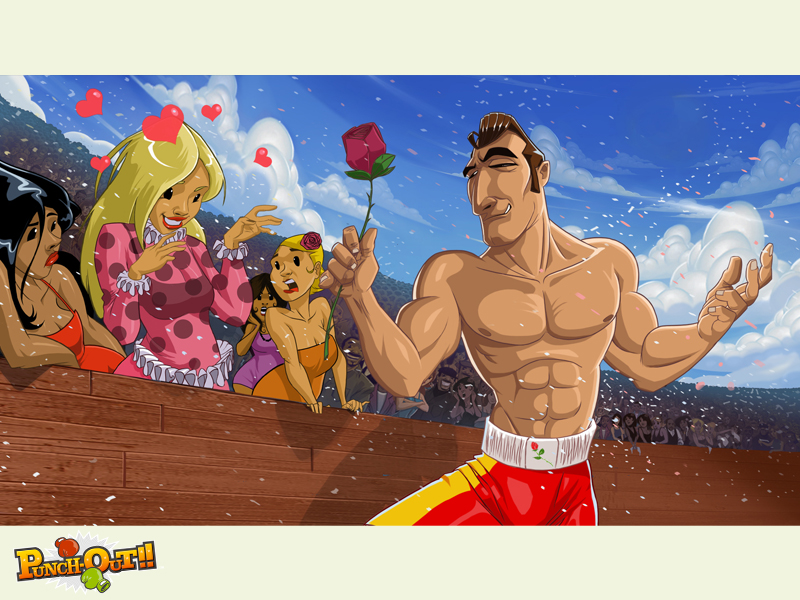 1boy 3girls annoyed don_flamenco flower grin heart multiple_girls nintendo one_eye_closed punch-out!! rose shorts smile topless_female wink