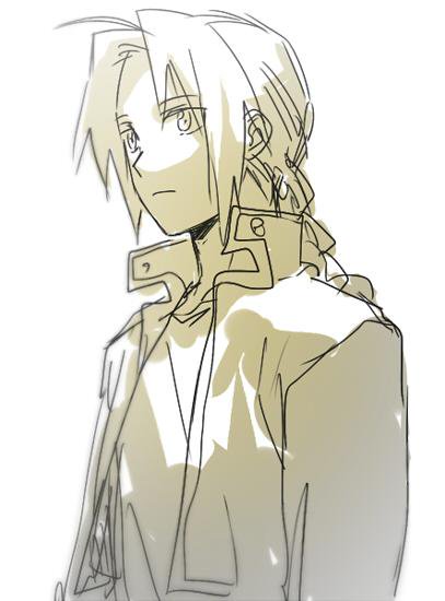 1boy braid coat edward_elric expressionless fullmetal_alchemist greyscale long_hair looking_away male_focus monochrome riru simple_background standing white_background