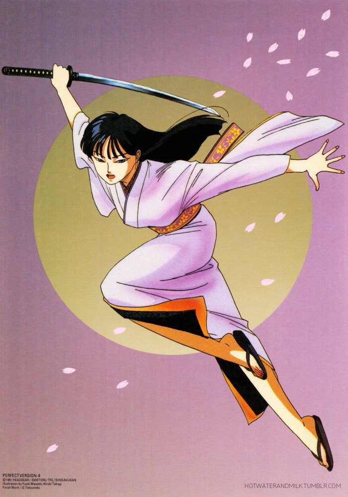 80s 1990s_(style) black_hair blade blue_eyes cherry_blossoms feet japanese_clothes jumping kanuka_clancy katana kidou_keisatsu_patlabor kimono long_hair moon official_art oldschool open_mouth petals purple_background retro_artstyle sandals small_feet sword weapon