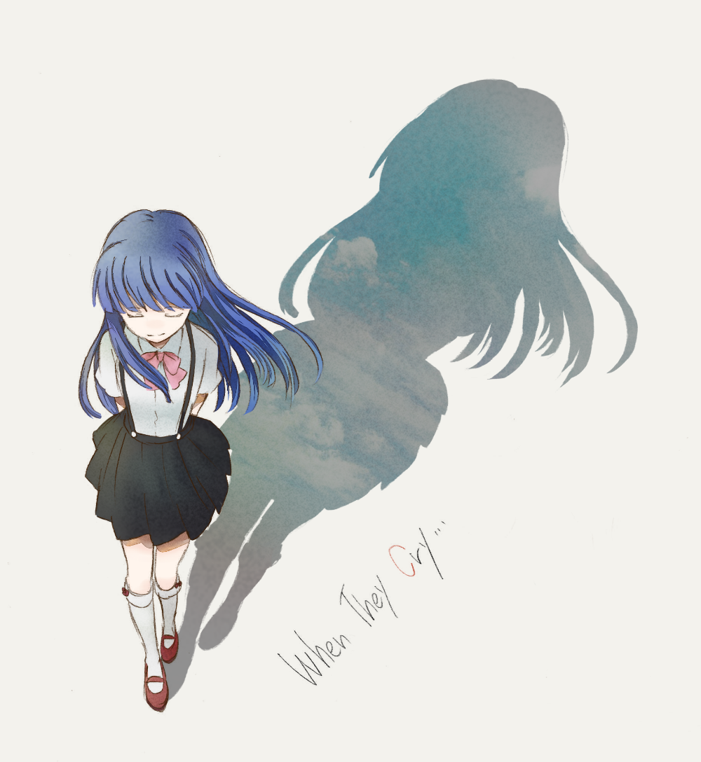 1girl arms_behind_back black_skirt blue_hair blunt_bangs bow bowtie closed_eyes closed_mouth copyright_name foreshortening from_above furude_rika higurashi_no_naku_koro_ni hime_cut kneehighs long_hair mary_janes no_nose pink_bow pink_bowtie red_shoes shadow shirt shoes simple_background skirt sky smile socks solo sonola69 suspender_skirt suspenders white_background white_shirt white_socks