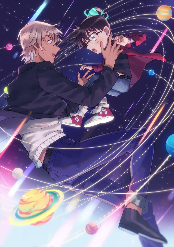 2boys :d amuro_tooru belt black-framed_eyewear black_belt black_jacket black_shirt blonde_hair blue_eyes blue_pants brown_hair cardigan child commentary_request edogawa_conan eye_contact floating foot_out_of_frame glasses hair_between_eyes hands_up height_difference jacket k_(gear_labo) looking_at_another male_focus meitantei_conan multiple_boys open_clothes open_jacket open_mouth orbit pants planet planetary_ring red_jacket red_shoes shirt shoes short_hair sky smile sneakers socks space star_(sky) starry_sky watch white_cardigan white_legwear wristwatch