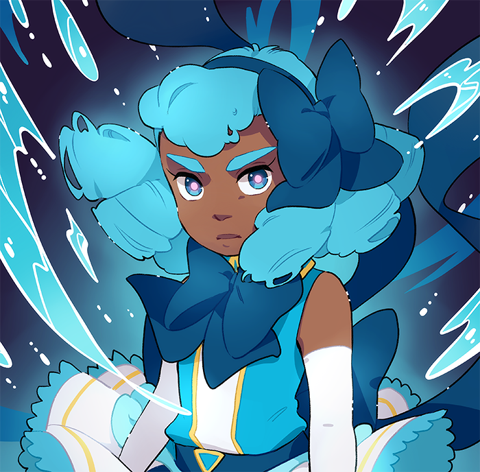 1girl blue_eyes blue_hair bow cowboy_shot dark-skinned_female dark_skin dress drill_hair elbow_gloves female_focus gloves hair_between_eyes hydrokinesis ladugard looking_at_viewer magical_girl multicolored_eyes quad_drills sleepless_domain solo undine_wells water white_gloves