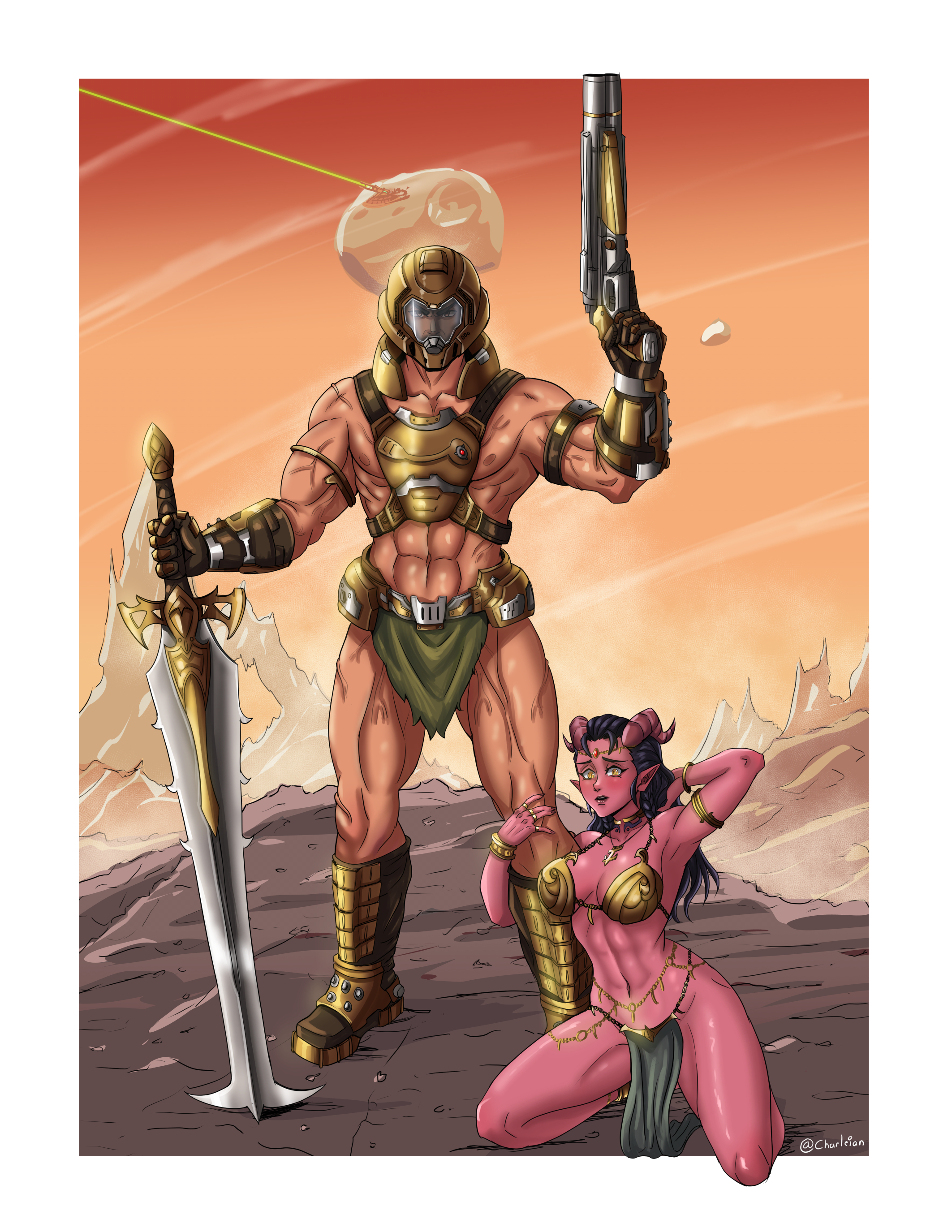 1boy 1girl a_princess_of_mars absurdres adapted_costume alternate_costume armlet armor armored_boots armored_gloves asymmetrical_dual_wielding barbarian barsoom belly_chain bikini bikini_bottom_only bikini_top_only body_jewelry boots bracelet breasts charleian choker collar colored_skin cosplay costume crossover crucible_(doom) dahlia dahlia_(day_of_wrath) dejah_thoris demon demon_girl demon_horns desert doom_(2016) doom_(series) doom_eternal doomguy dual_wielding fantasy gauntlets gold gold_bikini gold_bracelet gold_collar gold_ring gun headband headgear helmet highres holding holding_another&#039;s_leg holding_gun holding_leg holding_sword holding_weapon horns jewelry kneeling leg_grab loincloth long_hair looking_at_viewer mark_of_the_doom_slayer mars_(planet) medium_breasts midriff mountain multiple_rings muscular muscular_male necklace orange_eyes original outdoors panties pelvic_curtain red_skin revealing_clothes ring sand sandals science_fiction shotgun smile swimsuit sword tiefling underwear visor_(armor) weapon yellow_eyes