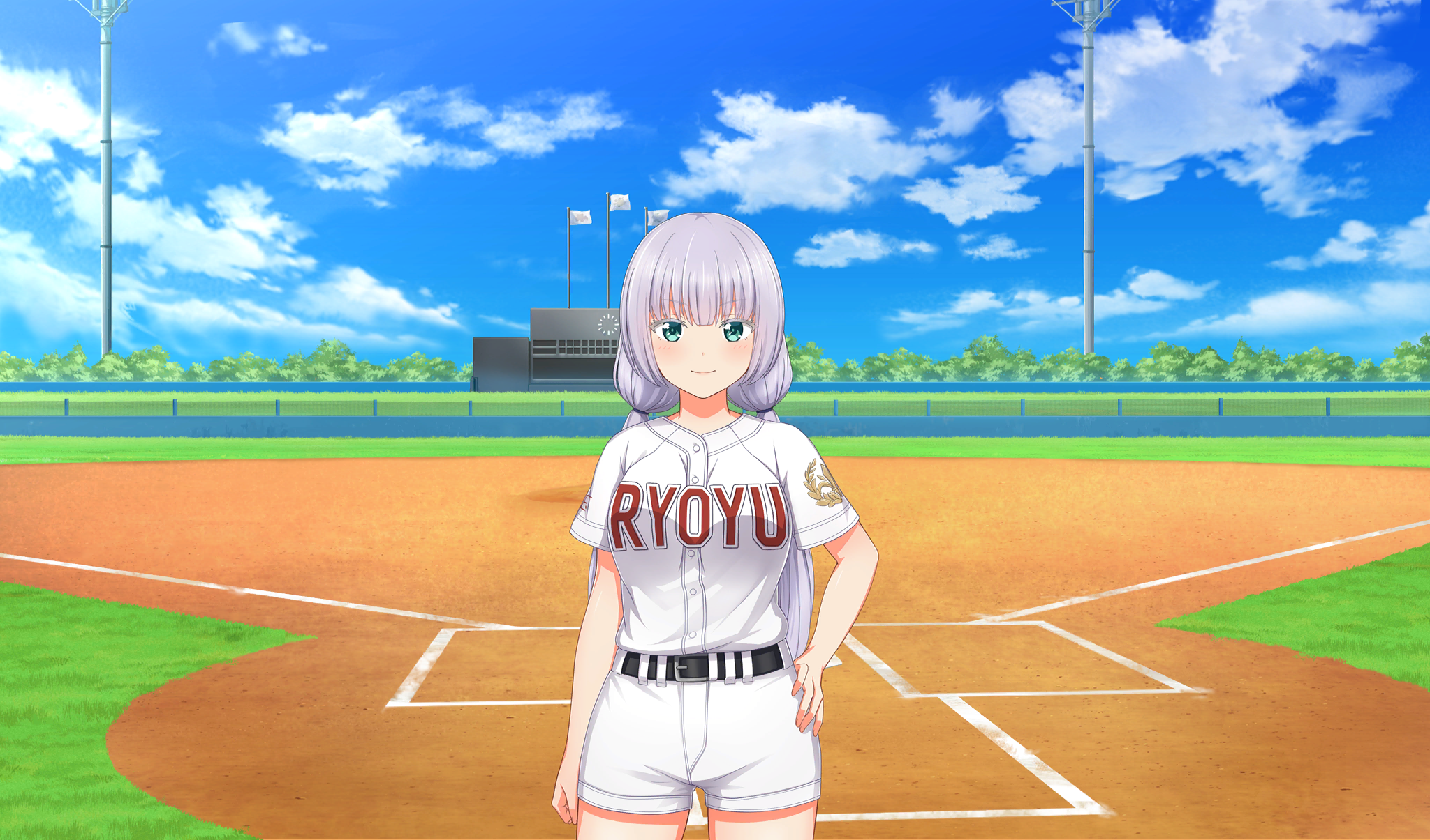 1girl baseball_stadium baseball_uniform belt belt_buckle black_belt blue_sky buckle cinderella_series closed_mouth cloud flag game_cg green_eyes hachigatsu_no_cinderella_nine hand_on_own_hip highres long_hair looking_at_viewer low_twintails nakata_nao non-web_source official_art outdoors scoreboard shirt short_sleeves shorts sky smile solo sportswear tamayomi twintails white_hair white_shirt white_shorts