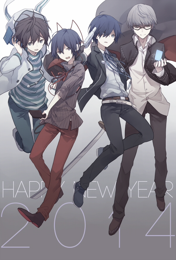 10s 4boys atlus black_hair blue_eyes blue_hair card devil_survivor_(series) devil_survivor_2 glasses grey_eyes grey_hair gun hood male_focus megami_tensei multiple_boys narukami_yu persona persona_3 persona_4 protagonist_(devil_survivor) protagonist_(devil_survivor_2) shin_megami_tensei short_hair shrie weapon yuuki_makoto_(persona_3)