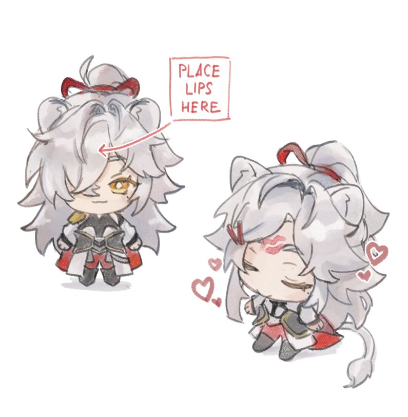 1boy :3 animal_ears arms_at_sides chibi closed_eyes commentary english_commentary english_text full_body grey_hair hair_over_one_eye hair_ribbon heart honkai:_star_rail honkai_(series) jing_yuan legs_apart lion_boy lion_ears lion_tail lipstick_mark lipstick_mark_on_face lipstick_mark_on_forehead long_hair long_sleeves male_focus meme mole mole_under_eye multiple_views one_eye_covered orange_eyes place_lips_here_(meme) ponytail red_ribbon ribbon simple_background sitting smile standing swept_bangs tail very_long_hair white_background yashawang