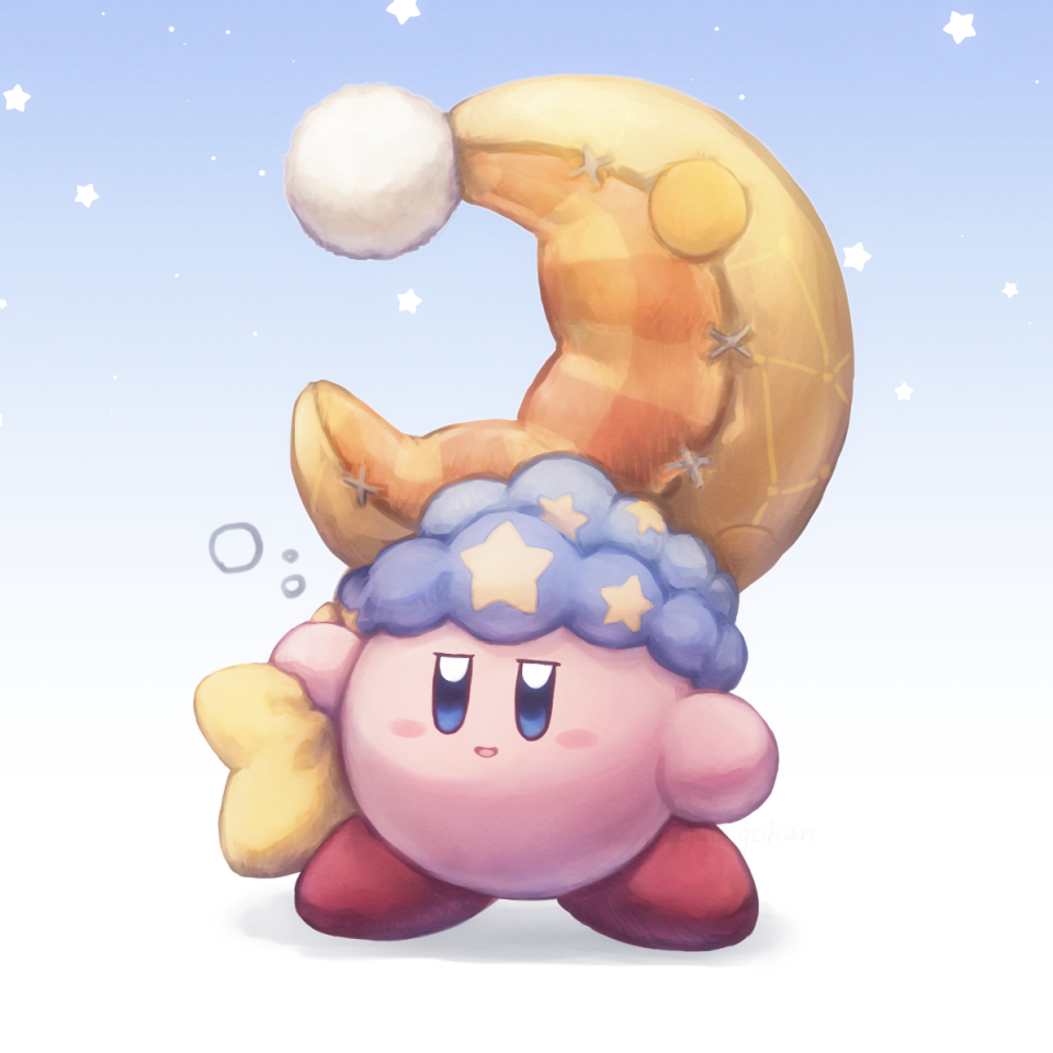 blue_background blue_eyes blush crescent_moon deep_sleep_kirby grabbing gradient_background half-closed_eyes hat kirby kirby_(series) kirby_and_the_forgotten_land looking_at_viewer moon nintendo open_mouth pillow simple_background sleep_kirby sleepy smile standing star-shaped_pillow star_(symbol) star_symbol_background tr_gohan