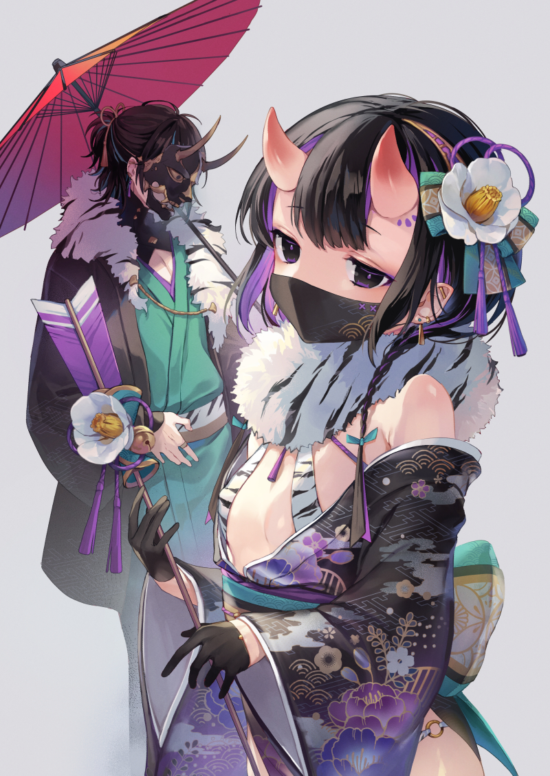 1boy 1girl arrow_(projectile) black_eyes black_hair blue_hair breasts brother_and_sister coat flower fur_collar fur_trim gloves hair_flower hair_ornament hamaya horns japanese_clothes kanzashi kimono looking_at_viewer mask mouth_mask multicolored_hair oil-paper_umbrella oni oni_mask original purple_eyes purple_hair siblings siiqa_vivi simple_background skin-covered_horns small_breasts step-siblings streaked_hair two-tone_hair umbrella