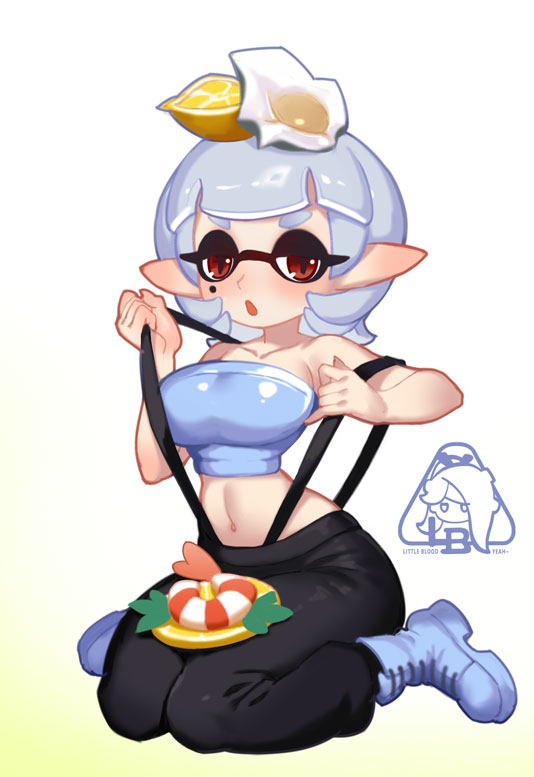 1girl blunt_bangs blush boots breasts collarbone food fruit grey_hair half-closed_eyes kneeling large_breasts lemon lemon_slice little_blood long_hair looking_at_viewer marie_(splatoon) marie_(summer_nights)_(splatoon) midriff mole mole_under_eye navel nintendo official_alternate_costume open_mouth oyster pointy_ears pulling_own_clothes red_eyes shrimp sitting solo splatoon_(series) splatoon_3 strapless suspenders suspenders_pull tentacle_hair tube_top wariza white_background