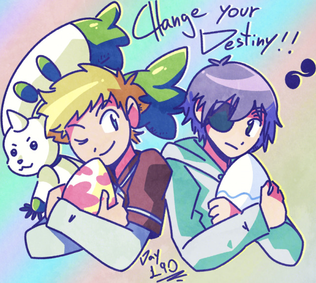 2boys blonde_hair digimon digimon_(creature) digimon_adventure_02 digimon_adventure_02:_digimon_hurricane_jouriku!!_chouzetsu_shinka!!_ougon_no_digimental digimon_adventure_02:_the_beginning digitama egg eyepatch horns looking_at_another lopmon multiple_boys owada_rui smile wallace_(digimon)