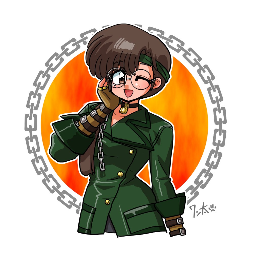 1girl :d alternate_costume artist_name black_choker border braid braided_ponytail breasts broken_eyewear brown_eyes brown_gloves brown_hair brown_headband chain choker collarbone commentary cosplay cropped_legs elbow_gloves fingerless_gloves glasses gloves green_jacket grey_pants hair_behind_ear hair_over_shoulder headband jacket light_blush lobelia_carlini lobelia_carlini_(cosplay) lock_necklace long_hair medium_breasts one_eye_closed open_mouth orange_background outline pants pendant_choker ranma_1/2 rimless_eyewear round_eyewear sakura_taisen sakura_taisen_iii signature smile solo standing strap swept_bangs symbol-only_commentary tendou_kasumi translated wanta_(futoshi) white_background white_border white_outline