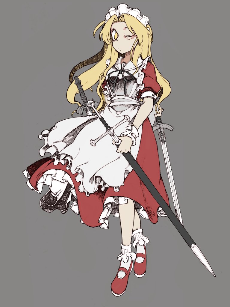 1girl ;o apron black_ribbon blonde_hair bolos buttons collared_dress commentary dress dual_wielding expressionless eyelashes frilled_apron frilled_dress frilled_socks frills full_body grey_background holding holding_behind_back holding_sword holding_weapon holding_weapon_behind_back long_dress long_hair looking_at_viewer maid maid_headdress mary_janes neck_ribbon one_eye_closed parted_lips pleated_dress puffy_short_sleeves puffy_sleeves red_dress red_shoes ribbon shoes short_sleeves simple_background socks solo standing sword tachi-e touhou touhou_(pc-98) very_long_hair weapon white_apron white_socks white_wrist_cuffs wrist_cuffs yellow_eyes yumeko_(touhou)