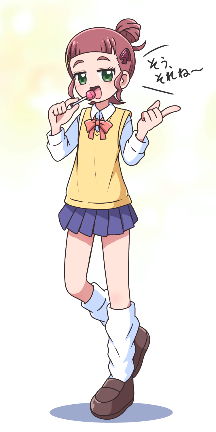 1girl blunt_bangs bow bowtie brown_hair candy chouno_hikari cocotama_(series) collared_shirt commentary_request food full_body green_eyes hair_bun hair_ornament highres holding holding_candy holding_food holding_lollipop jitome kamisama_minarai:_himitsu_no_cocotama karon-t loafers lollipop long_sleeves looking_at_viewer loose_socks open_mouth school_uniform shirt shoes smile socks solo spade_hair_ornament sweater_vest translation_request