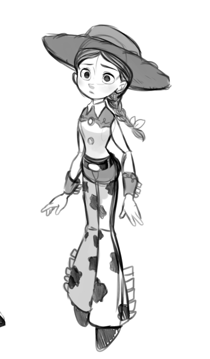 1girl animal_print belt belt_buckle boots braid buckle buttons chaps closed_mouth collared_shirt commentary cow_print cowboy_boots cowboy_hat cowgirl_(western) denim full_body greyscale hat jeans jessie_the_yodeling_cowgirl long_hair long_sleeves looking_at_viewer monochrome natsuki_nori nose pants print_chaps raised_inner_eyebrows shirt simple_background single_braid sketch solo standing toy toy_story white_background worried yoke_(clothing)
