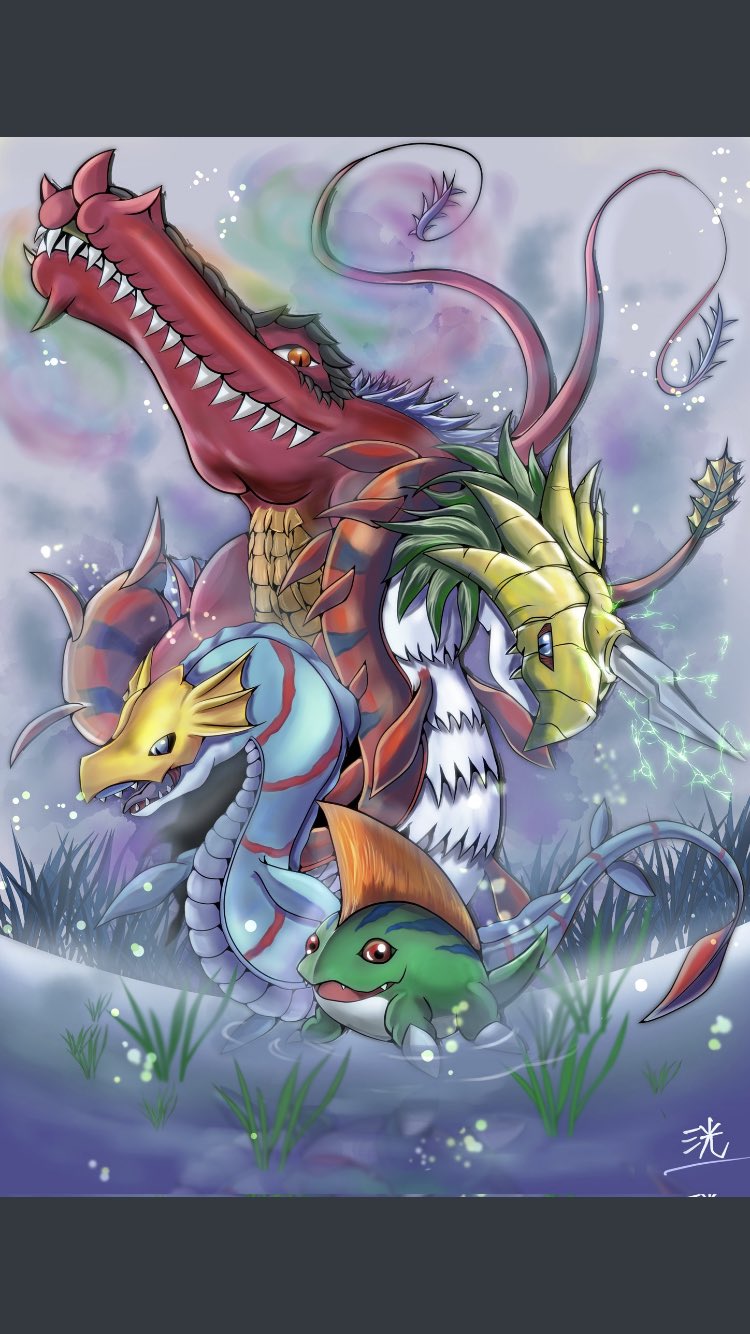 betamon digimon digimon_(creature) evolution evolutionary_line highres leviamon seadramon sharp_teeth solo tail teeth waruseadramon water