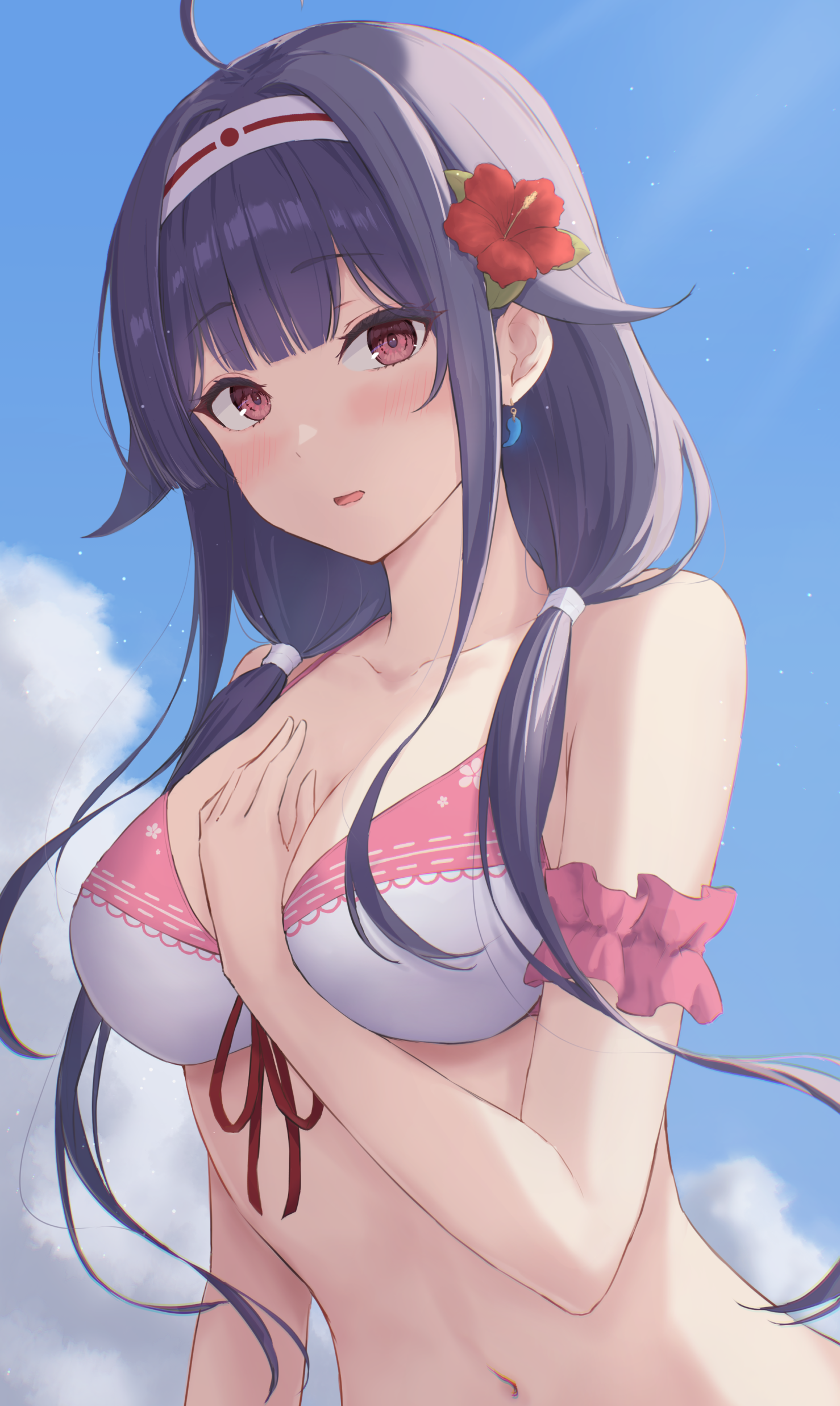 1girl absurdres ahoge bare_arms bare_shoulders bikini blush breasts day flower hair_flaps hair_flower hair_ornament highres kantai_collection large_breasts long_hair low_twintails monoku navel official_alternate_costume open_mouth outdoors purple_hair red_eyes red_flower ryuuhou_(kancolle) solo swimsuit taigei_(kancolle) taigei_(swimsuit)_(kancolle) twintails upper_body white_bikini