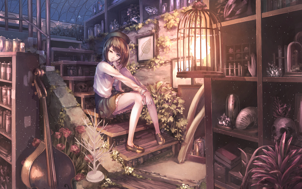 1girl anatomical_model antlers beret birdcage bone book brown_eyes brown_hair cage cello female_focus flower fossil hands_on_own_knees hat horns hyp instrument jar long_sleeves looking_at_viewer original picture_frame plant shoes short_hair sitting sitting_on_stairs skirt skull solo stairs test_tube tusks vial vines