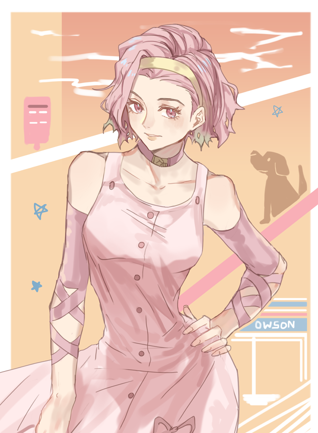 1girl arnold_(jojo) diamond_wa_kudakenai dog dress gradient_hair green_hair hairband headband jojo_no_kimyou_na_bouken multicolored_hair pink_dress pink_eyes pink_hair short_hair solo sugimoto_reimi two-tone_hair yepnean