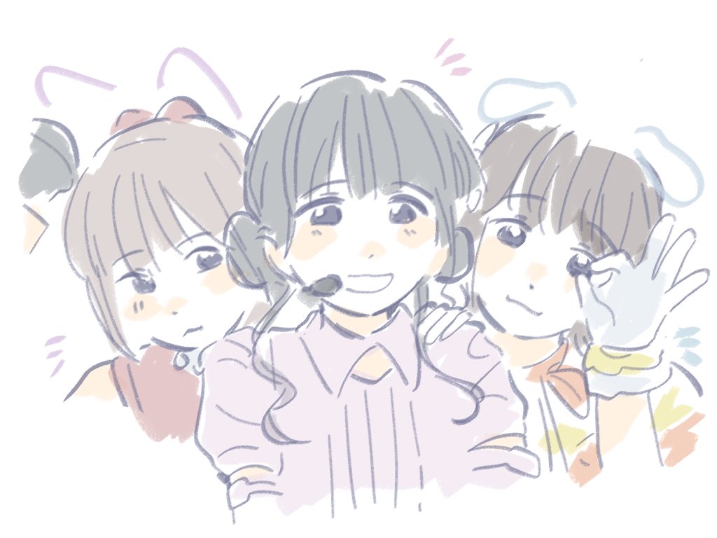 3girls :3 :d animal_ears animification black_eyes black_hair blunt_bangs bow brown_hair cat_ears closed_mouth collared_shirt commentary do!_do!_do!_(love_live!) dog_ears double_bun drawn_ears dress frilled_gloves frills gloves grin hair_bow hair_bun hand_on_another&#039;s_shoulder headset holding holding_microphone kurusu_rin link!_like!_love_live! long_hair looking_at_viewer love_live! love_live!_series_asia_tour_2024 love_live!_superstar!! microphone misaki_nako multiple_girls notice_lines ok_sign open_mouth photo-referenced real_life red_bow red_dress ribbed_shirt sakurai_hina shirt short_hair short_sleeves simple_background sleeveless sleeveless_dress smile suisai_sekai symbol-only_commentary twintails upper_body voice_actor white_background white_gloves woodonly